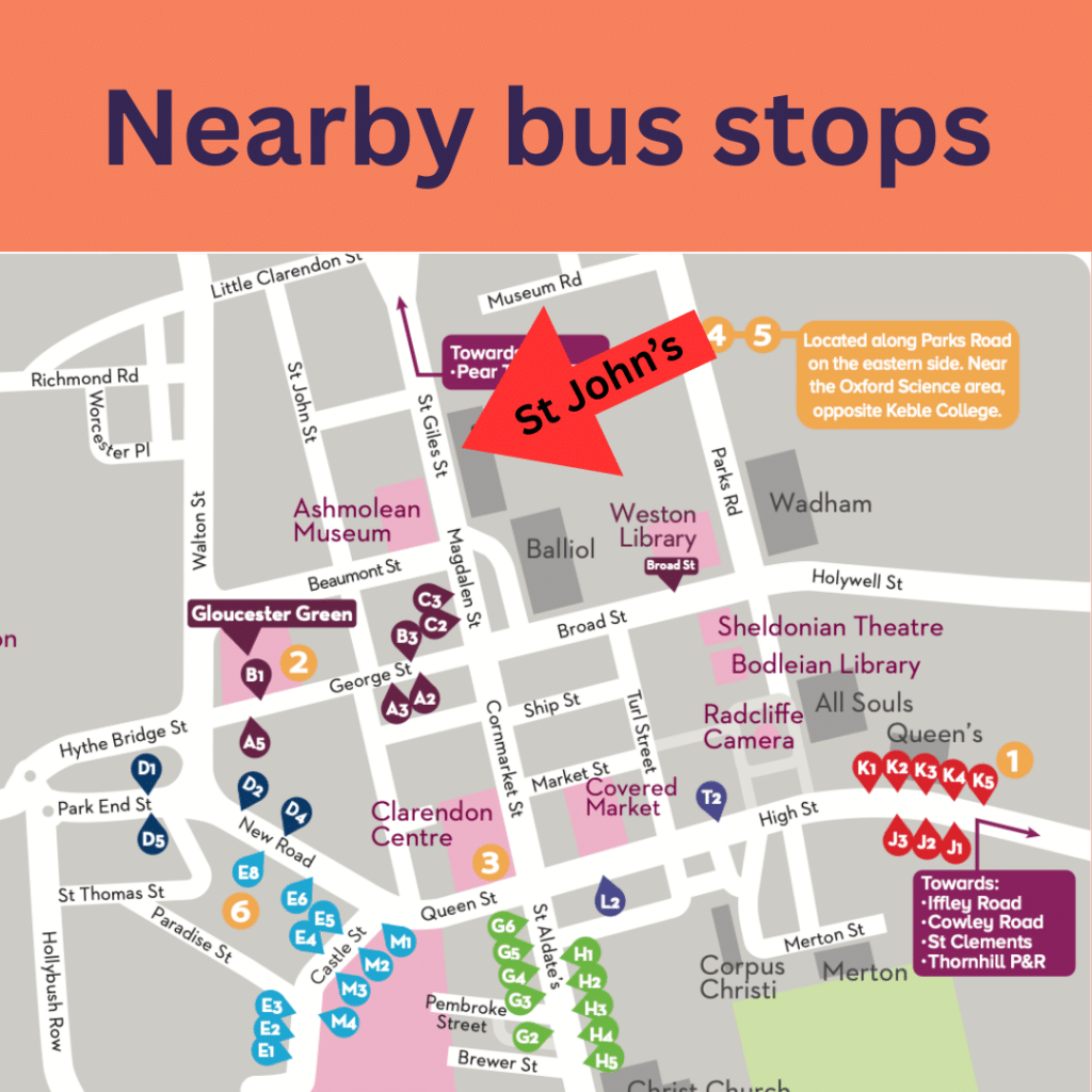 Map showing bus stops near St John's College
