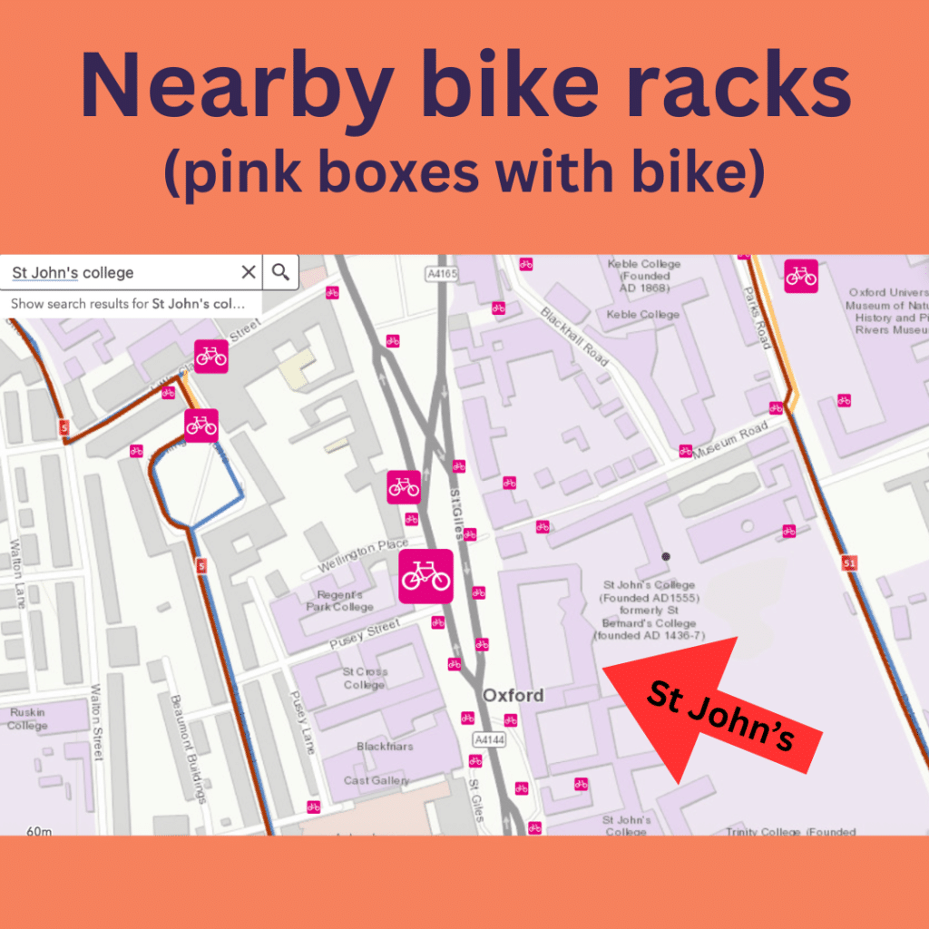 Map showing bicycle racks near St John's College