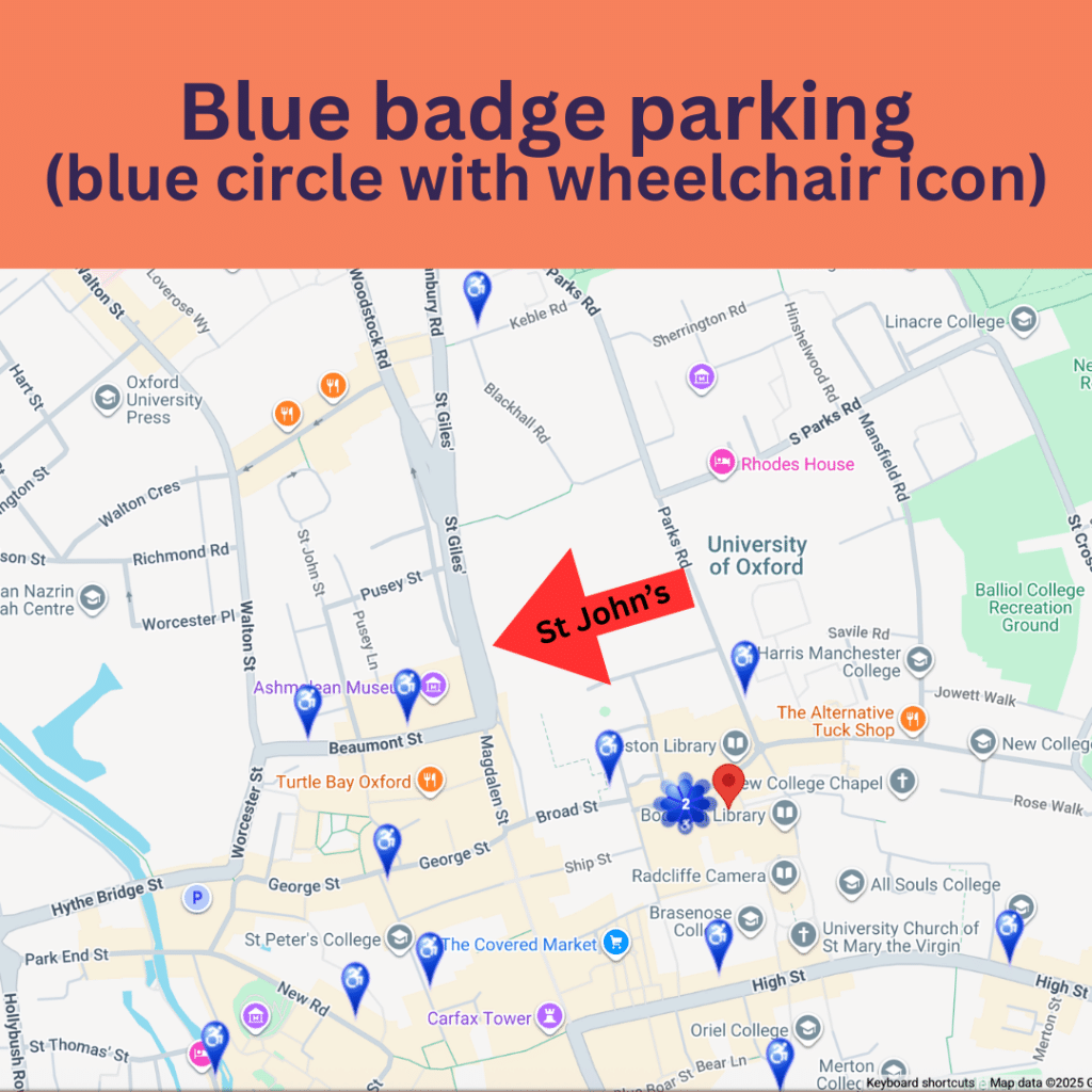 Map showing blue badge parking near St John's College