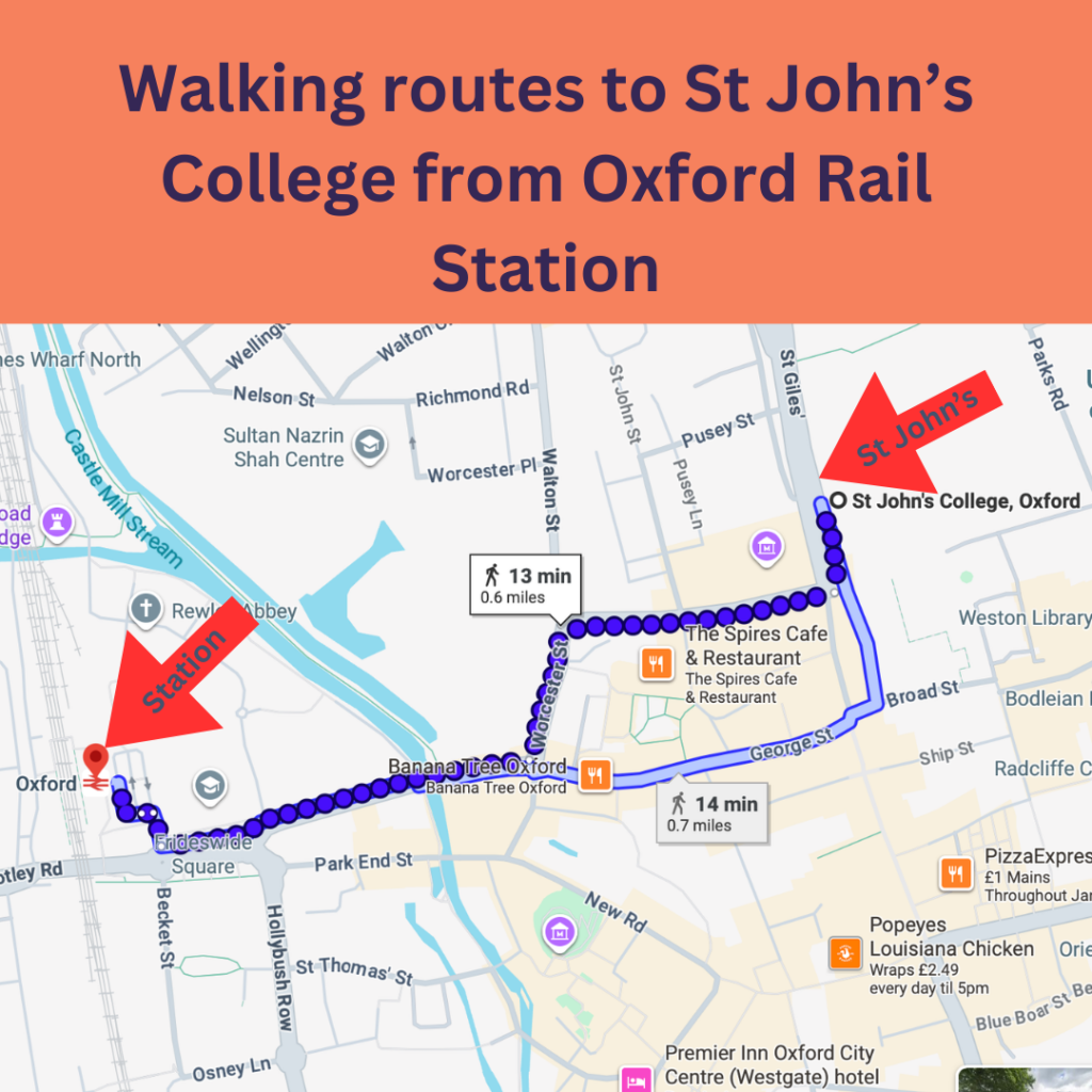 Map showing walking route from Oxford Rail Station to St John's College