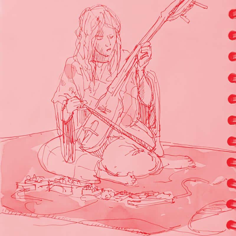 Sketch drawing of Thorn Wych playing a bowed string instrument